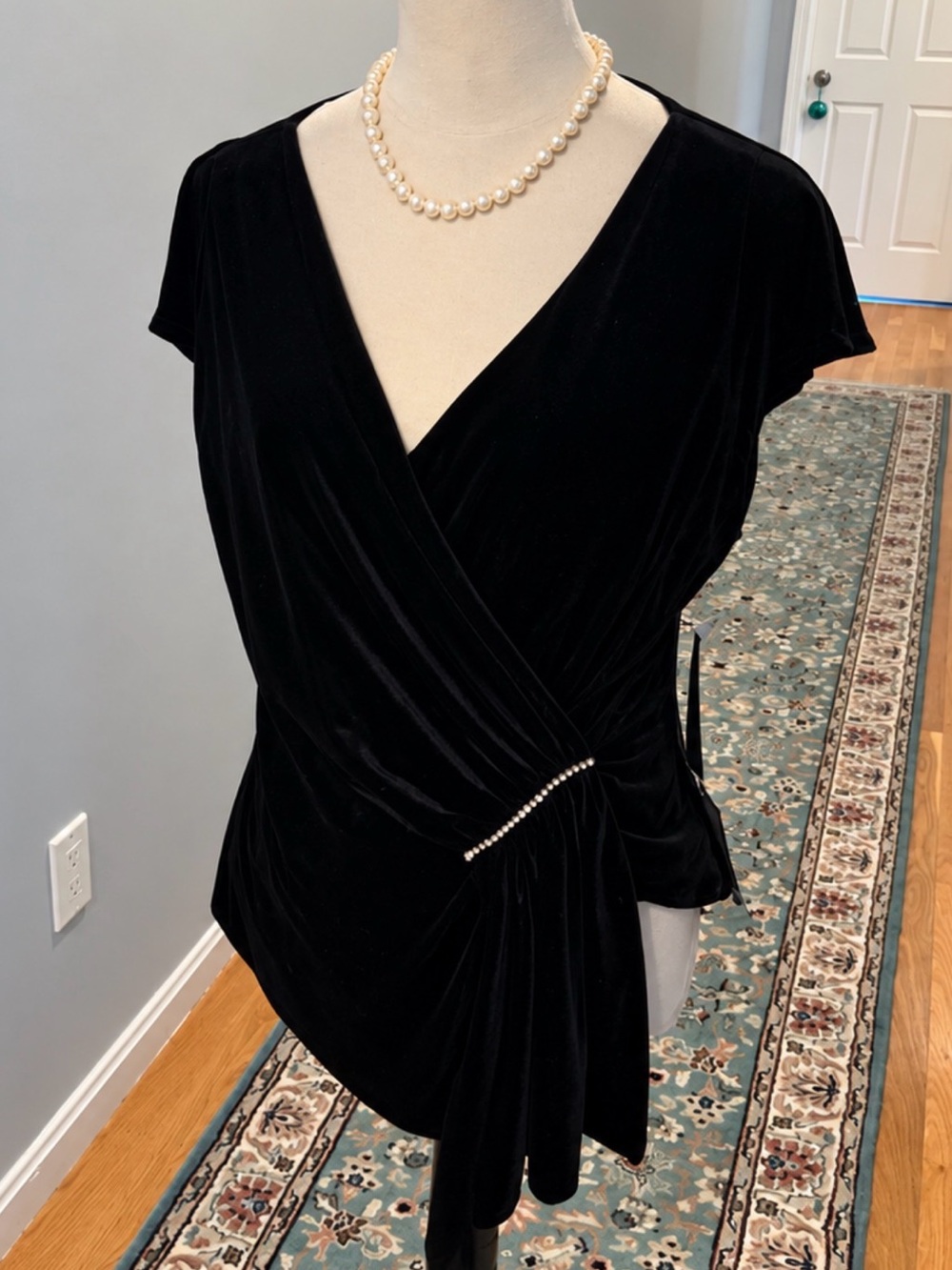 Metaphor Black Velvet Wrap Blouse with crystals trimming